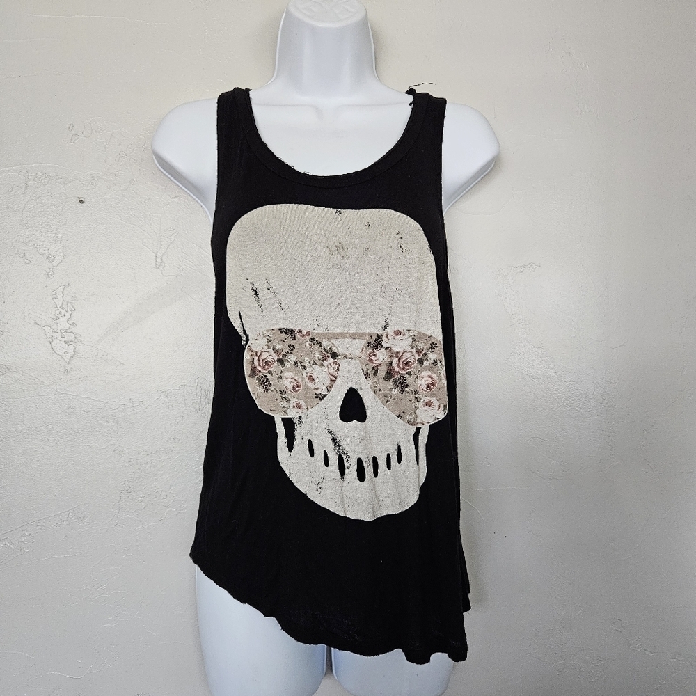 Neblina Womens Small Black Tank Top Skull Floral Aviator Sunglasses Soft Stretch